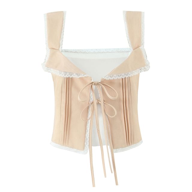 Pintuck Lace Trim Crop Tie Front Tank Top