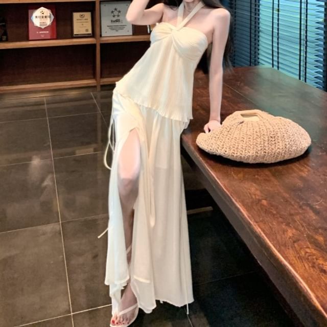 Halter Knotted Tank & Slit Maxi Skirt Combo