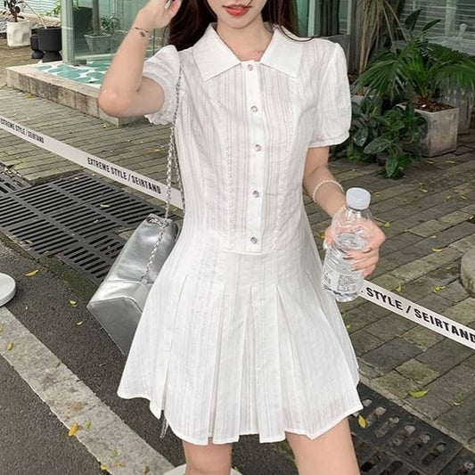 Dress Short-Sleeve Mini Pleated Shirt Plain