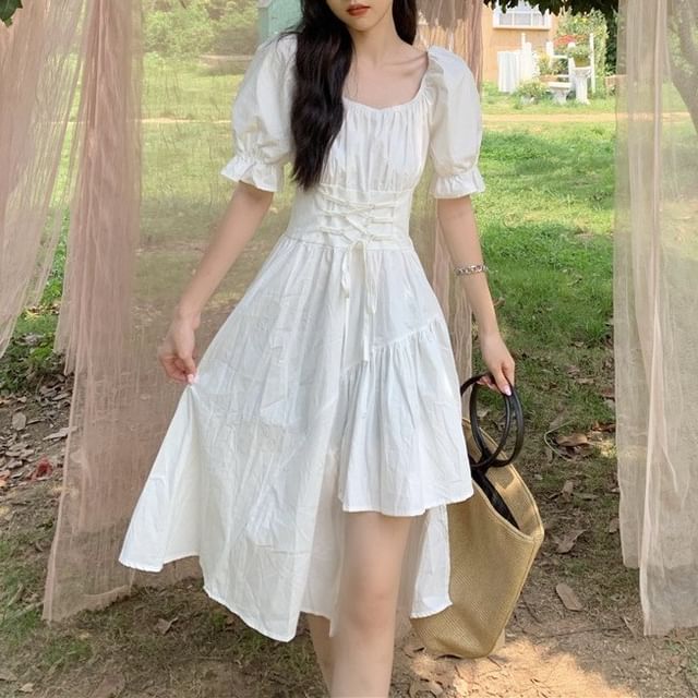 Square Dress Short-Sleeve Neck Asymmetrical Plain A-Line