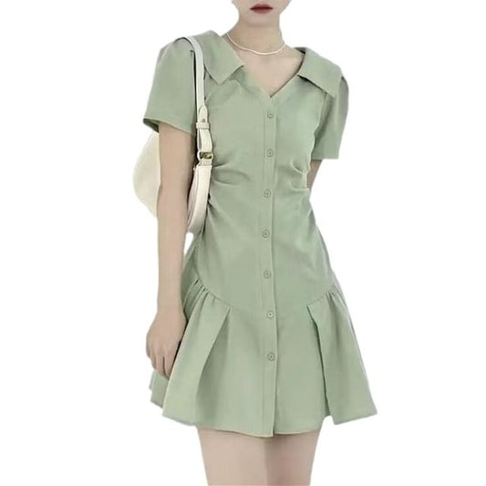 V-Neck Button-Up Mini Short-Sleeve Dress A-Line Plain