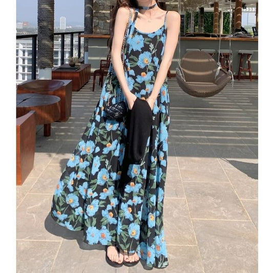 Print Dress Strap Neck Floral Spaghetti Scoop A-Line Maxi