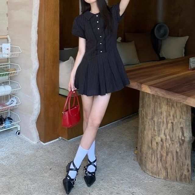 Dress Short-Sleeve Mini Pleated Shirt Plain