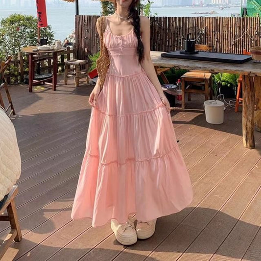 Strap Maxi Spaghetti Scoop Plain Dress A-Line Neck