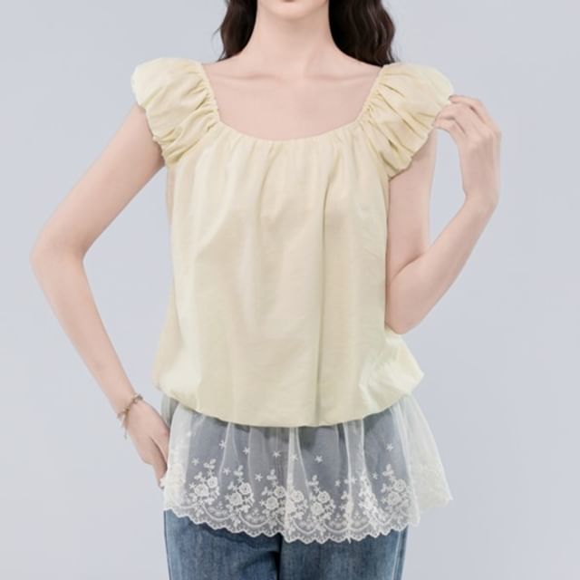 Square Neck Plain Lace Sleeveless Top