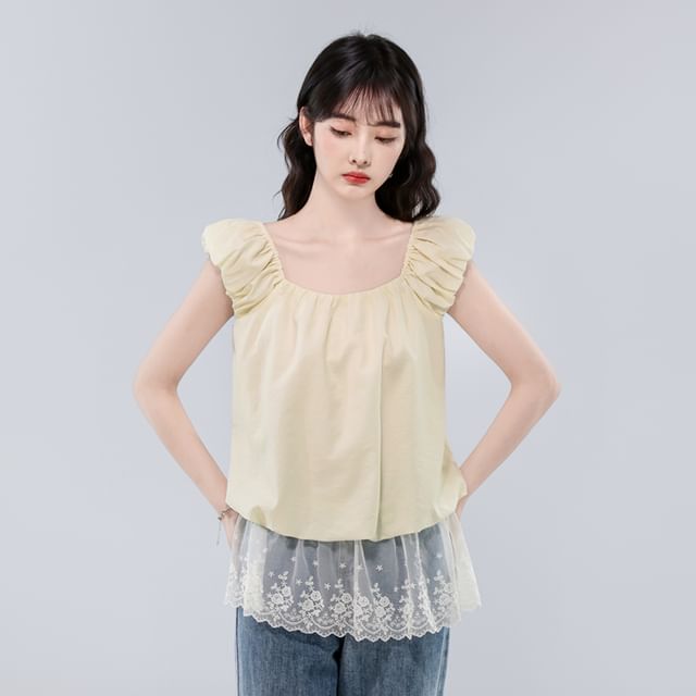 Square Neck Plain Lace Sleeveless Top