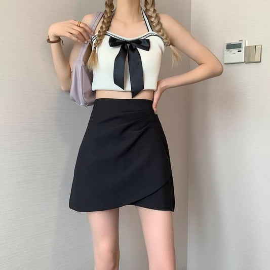 High-Rise Ruched Mini Flared Skirt