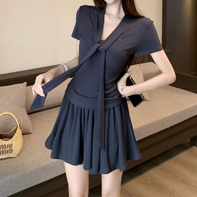 Tie-Neck Short-Sleeve Top with High-Waist Solid Mini Flared Skirt