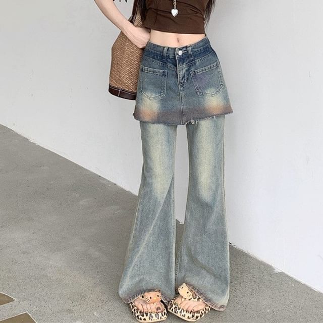 Mid-Rise Washed Flared Jeans with Overlay Detail
