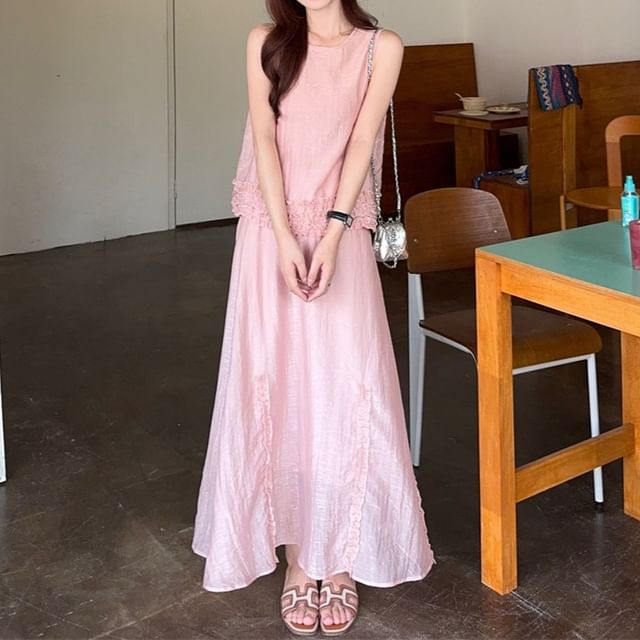 Crew-Neck Frilled Sleeveless Top with High-Rise Maxi Flared Skirt