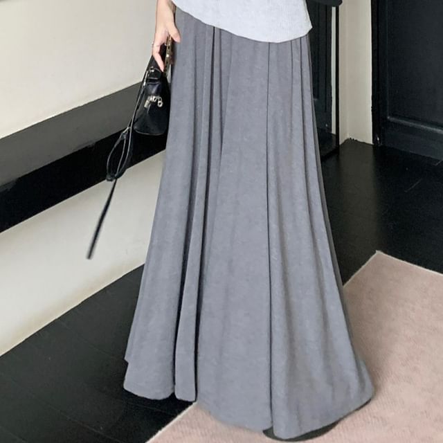 One-Shoulder Short-Sleeve Top with Belt and High-Rise Solid Maxi Flared Skirt