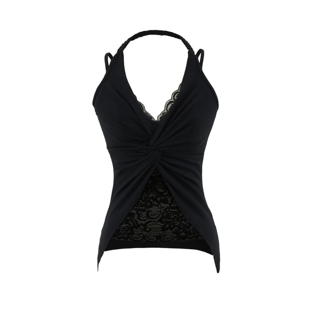 Halter V-Neck Lace Panel Knotted Slim Tank Top