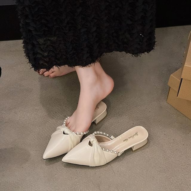 Pointed Toe Knot Faux Pearl Chunky Heel Mules