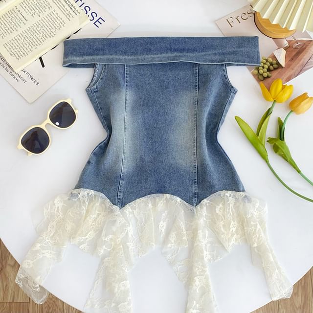 Off-Shoulder Asymmetrical Lace Panel Denim Tank