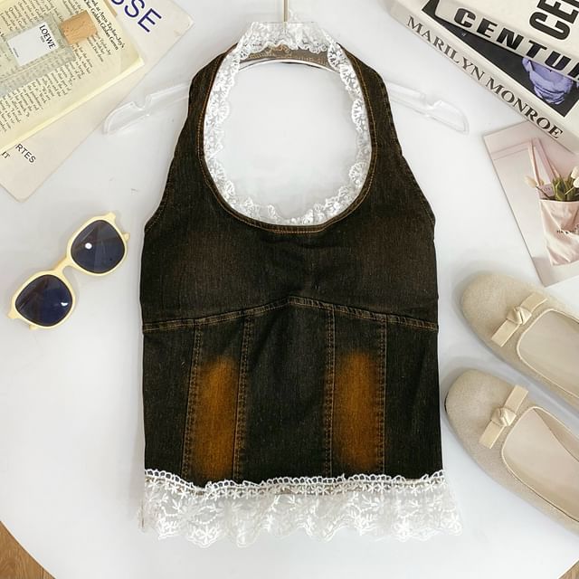 Halter Lace Trim Denim Padded Slim Fit Tank