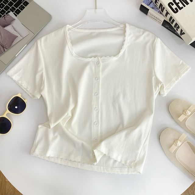Short-Sleeve Square Neck Lace Trim Button Tee