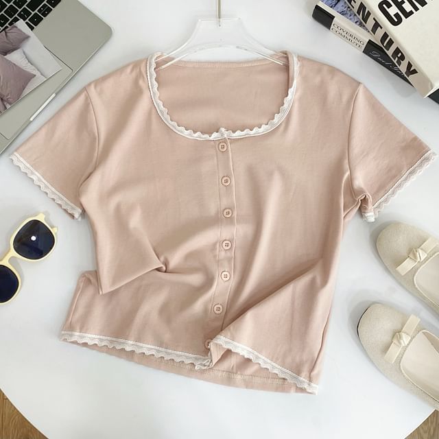 Short-Sleeve Square Neck Lace Trim Button Tee