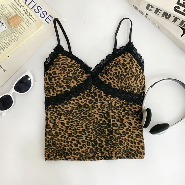 Leopard Print Lace Trim Crop Slim Fit Cami