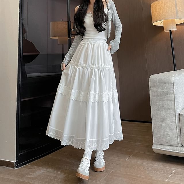 Elastic-Waist Lace-Trimmed Tiered Midi Flared Skirt