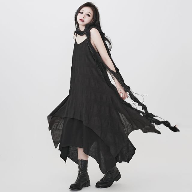 Spaghetti Strap Plain Asymmetrical Midi A-Line Dress