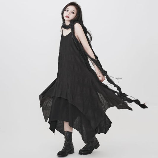 Spaghetti Strap Plain Asymmetrical Midi A-Line Dress