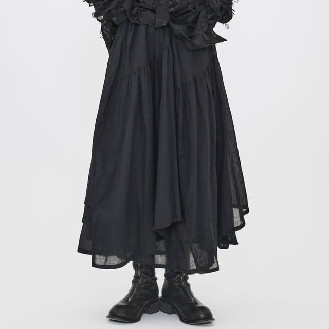 Elastic Waist Asymmetric Panel Midi Skirt