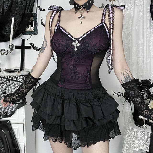 V-Neck Tie Shoulder Mesh Lace Cami