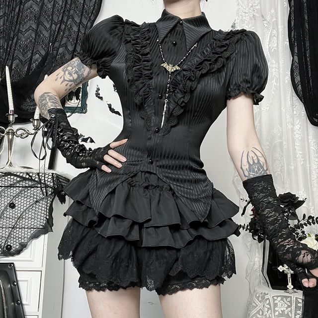 Puff Sleeve Striped Ruffle Blouse & High Waist Tiered Lace Mini Skort