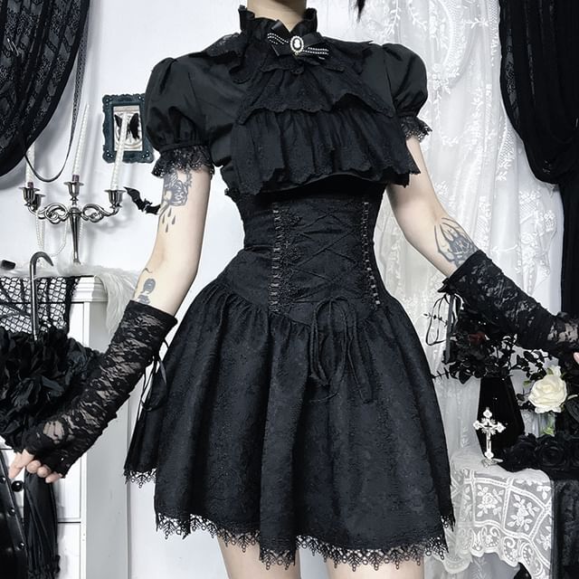 Short Sleeve Ruffle Blouse & High Waist Lace Mini Corset Skirt