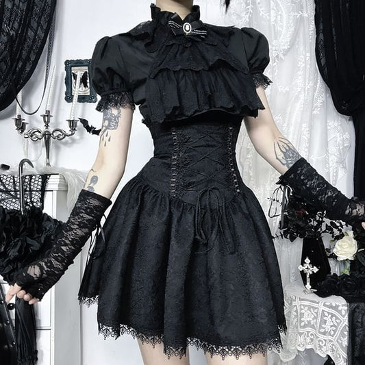 Short Sleeve Ruffle Blouse & High Waist Lace Mini Corset Skirt
