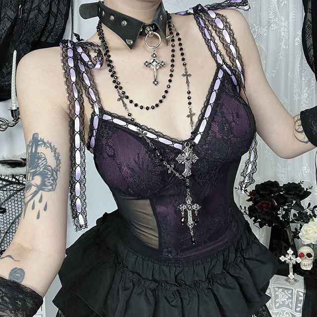 V-Neck Tie Shoulder Mesh Lace Cami