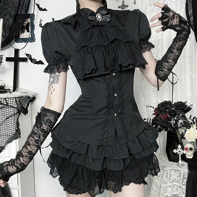 Short Sleeve Ruffle Blouse & High Waist Lace Mini Corset Skirt