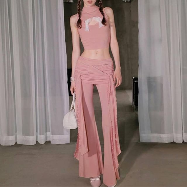Mock Two-Piece Lace Crop Tank & Low Rise Ruched Flared Pants