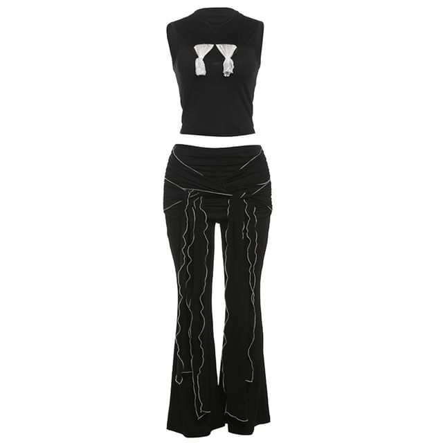 Mock Two-Piece Lace Crop Tank & Low Rise Ruched Flared Pants
