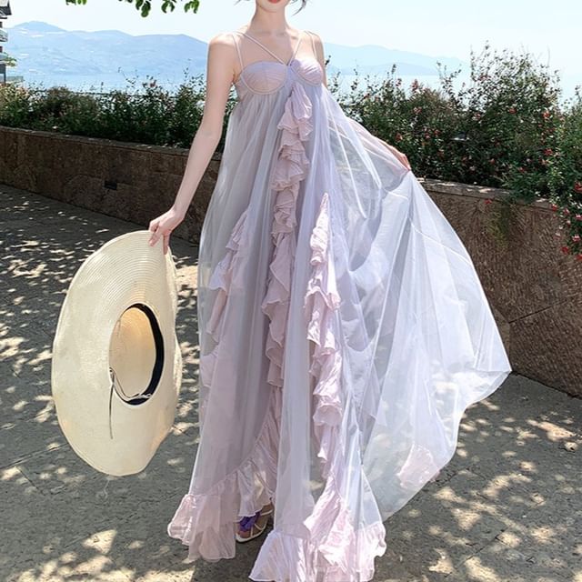 Spaghetti Strap Plain Ruffle Asymmetrical Maxi Sundress