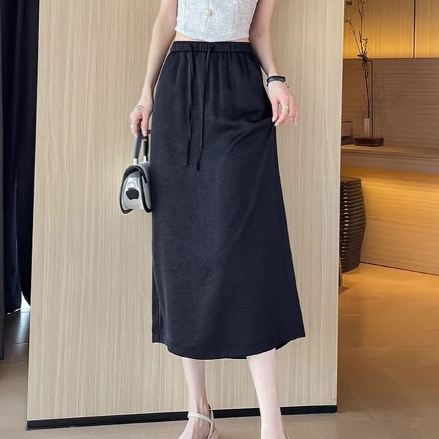 Drawstring-Waist Solid Midi Flared Skirt