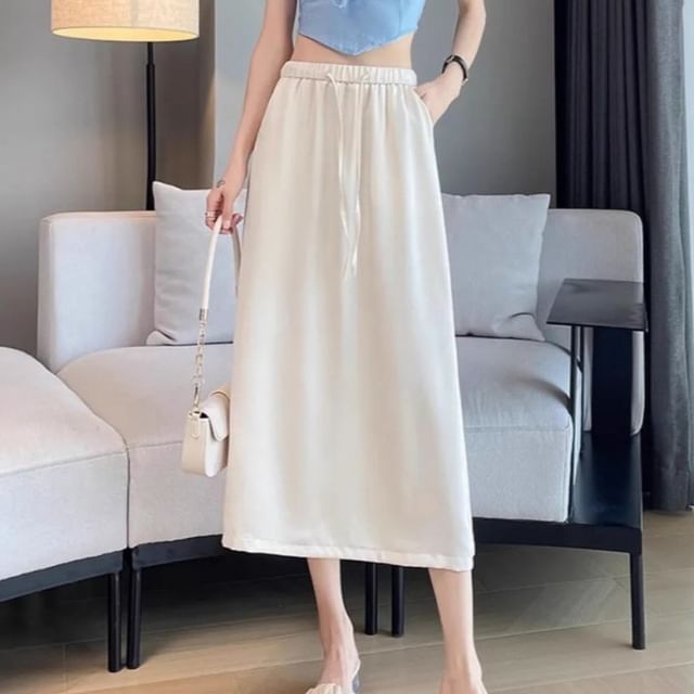 Drawstring-Waist Solid Midi Flared Skirt