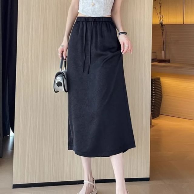 Drawstring-Waist Solid Midi Flared Skirt