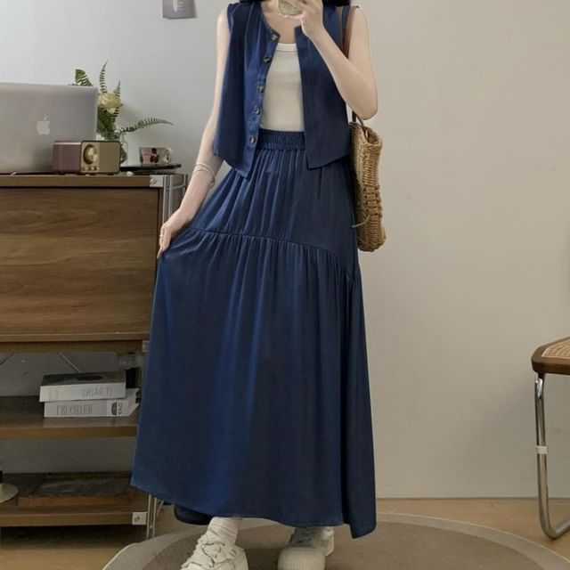 Set: Washed Denim Vest with High-Waist Gathered Maxi Flared Skirt