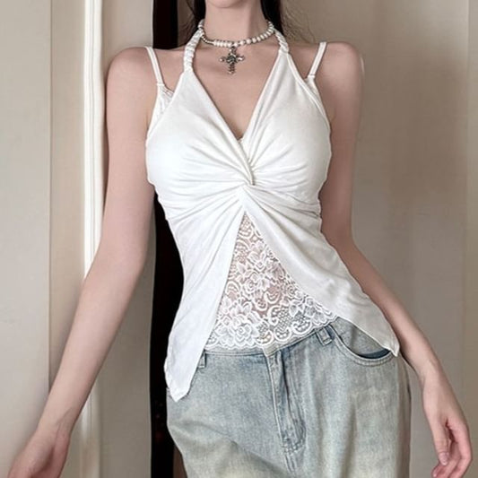 Spaghetti Strap V-Neck Twist Lace Panel Cami