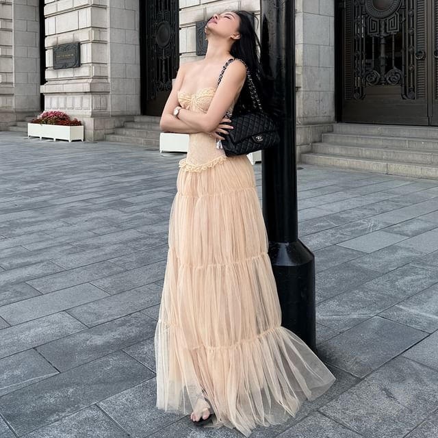 Lace Corset Tube Top with High-Rise Sheer Maxi Skirt