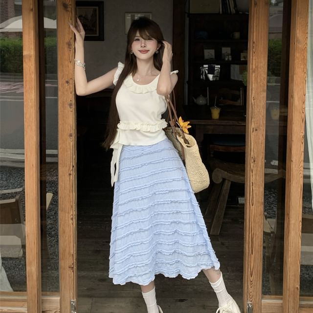 Frill-Trim Crew-Neck Tank Top with High-Waist Lace Midi Flared Skirt