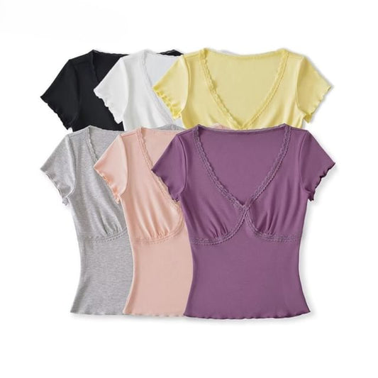 V-Neck Short Sleeve Lace Trim Tee