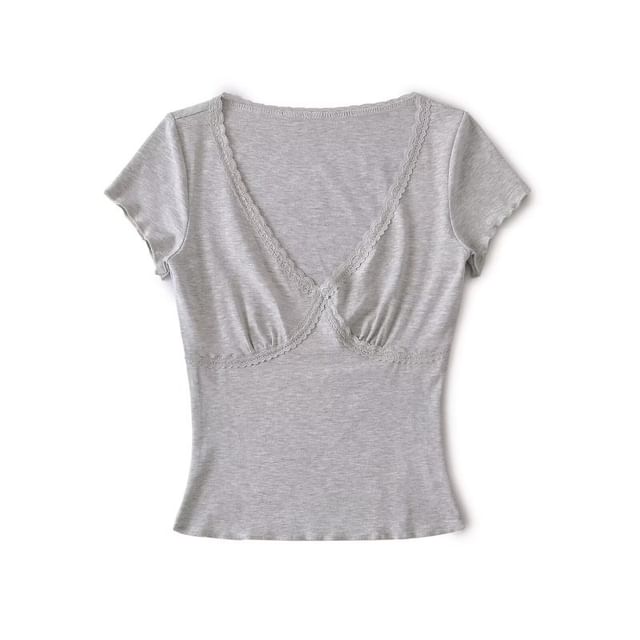 V-Neck Short Sleeve Lace Trim Tee