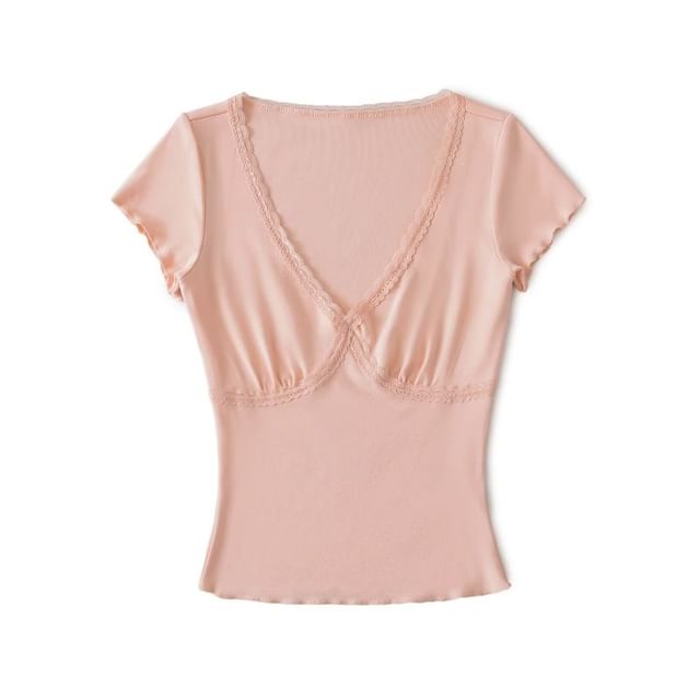 V-Neck Short Sleeve Lace Trim Tee
