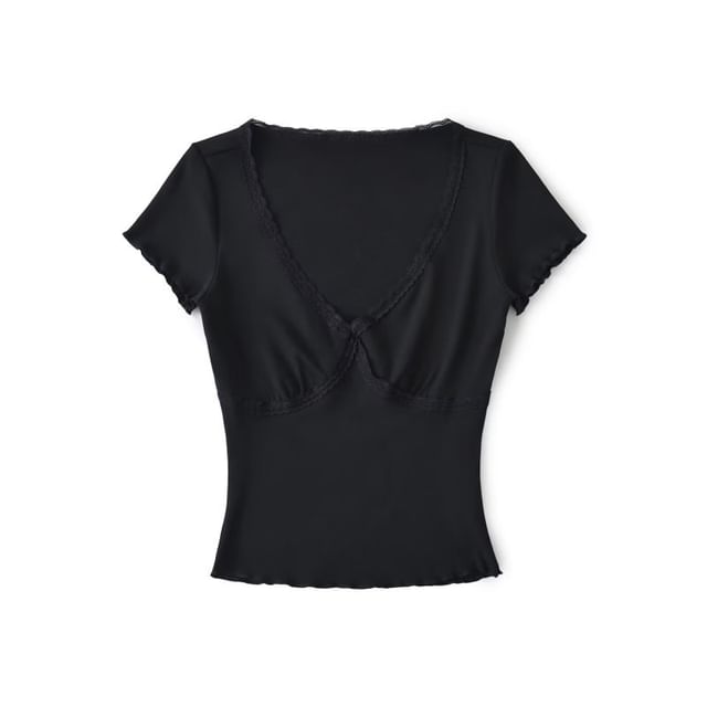 V-Neck Short Sleeve Lace Trim Tee
