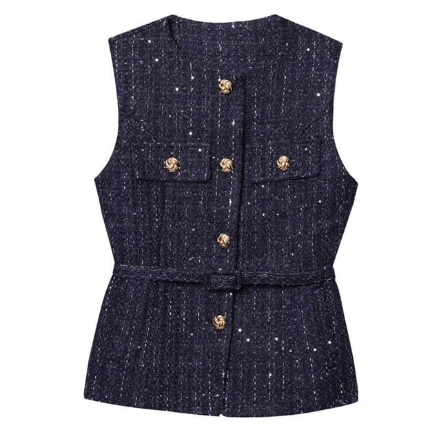 Sleeveless Round Neck Tweed Button Up Vest