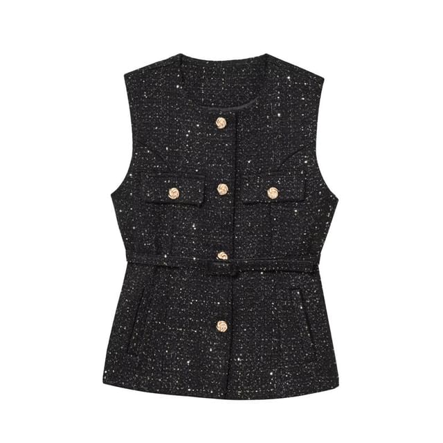 Sleeveless Round Neck Tweed Button Up Vest
