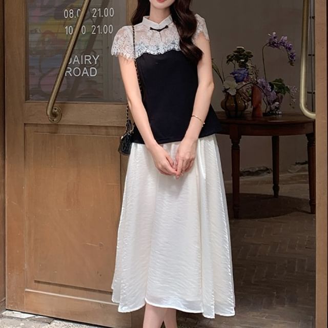 Collared Lace Two-Tone Top & Midi Skirt Set