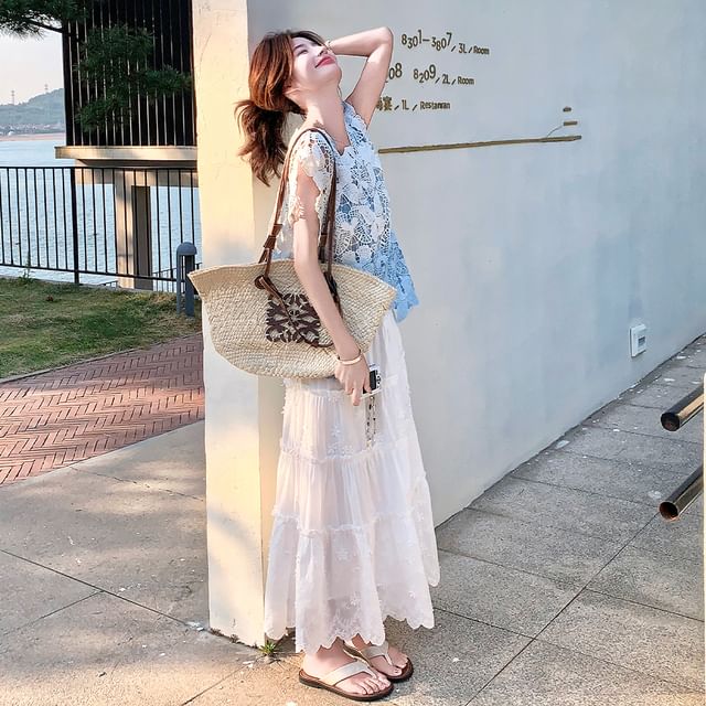 Sleeveless Lace Panel Top & Maxi Skirt Set